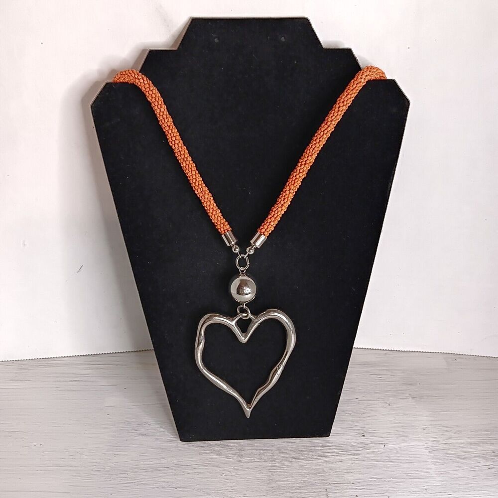 Suzie Blue Long Orange Beaded Necklace With Large Metal Heart (2.5"x3")